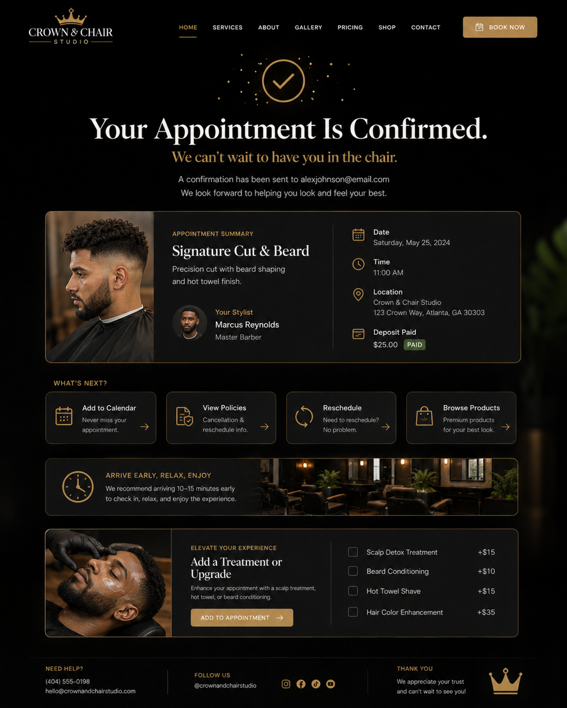 Crown & Chair Studio salon booking confirmation and success state mockup
