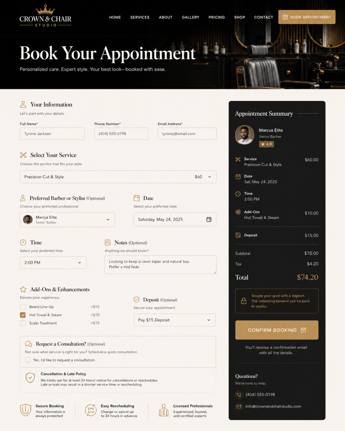 Crown & Chair Studio salon consultation booking form mockup