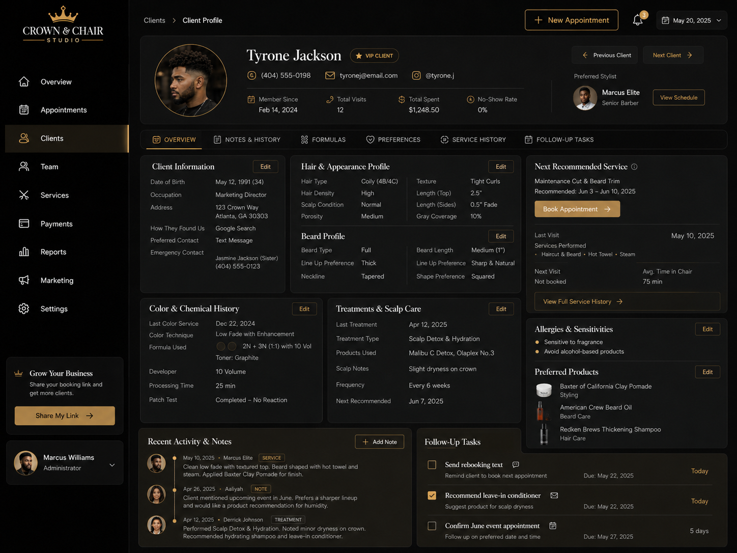 Crown & Chair Studio client notes preferences and follow-up tracker dashboard mockup