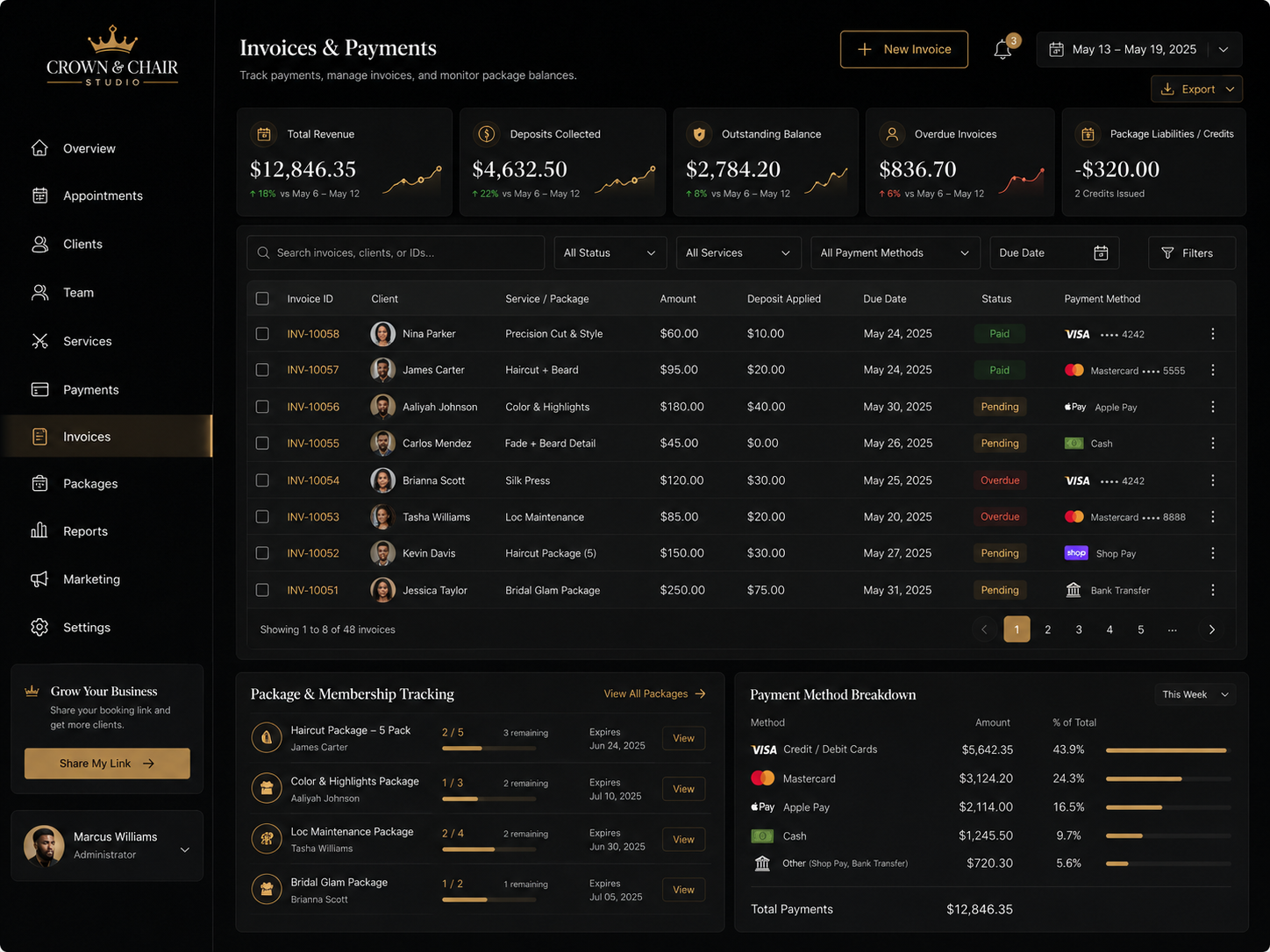 Crown & Chair Studio salon invoices and payments dashboard mockup