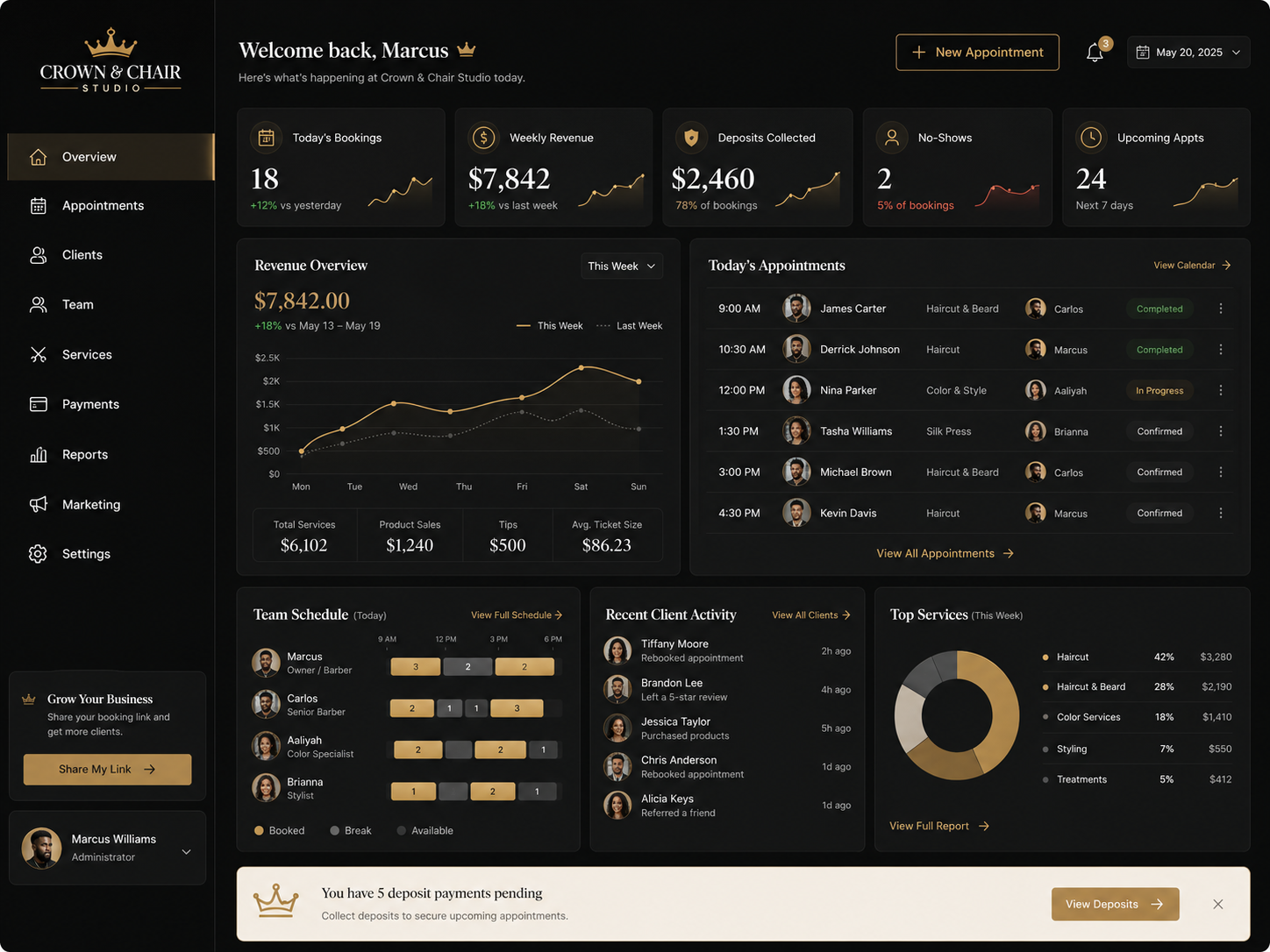Crown & Chair Studio salon dashboard overview with appointment and revenue stats