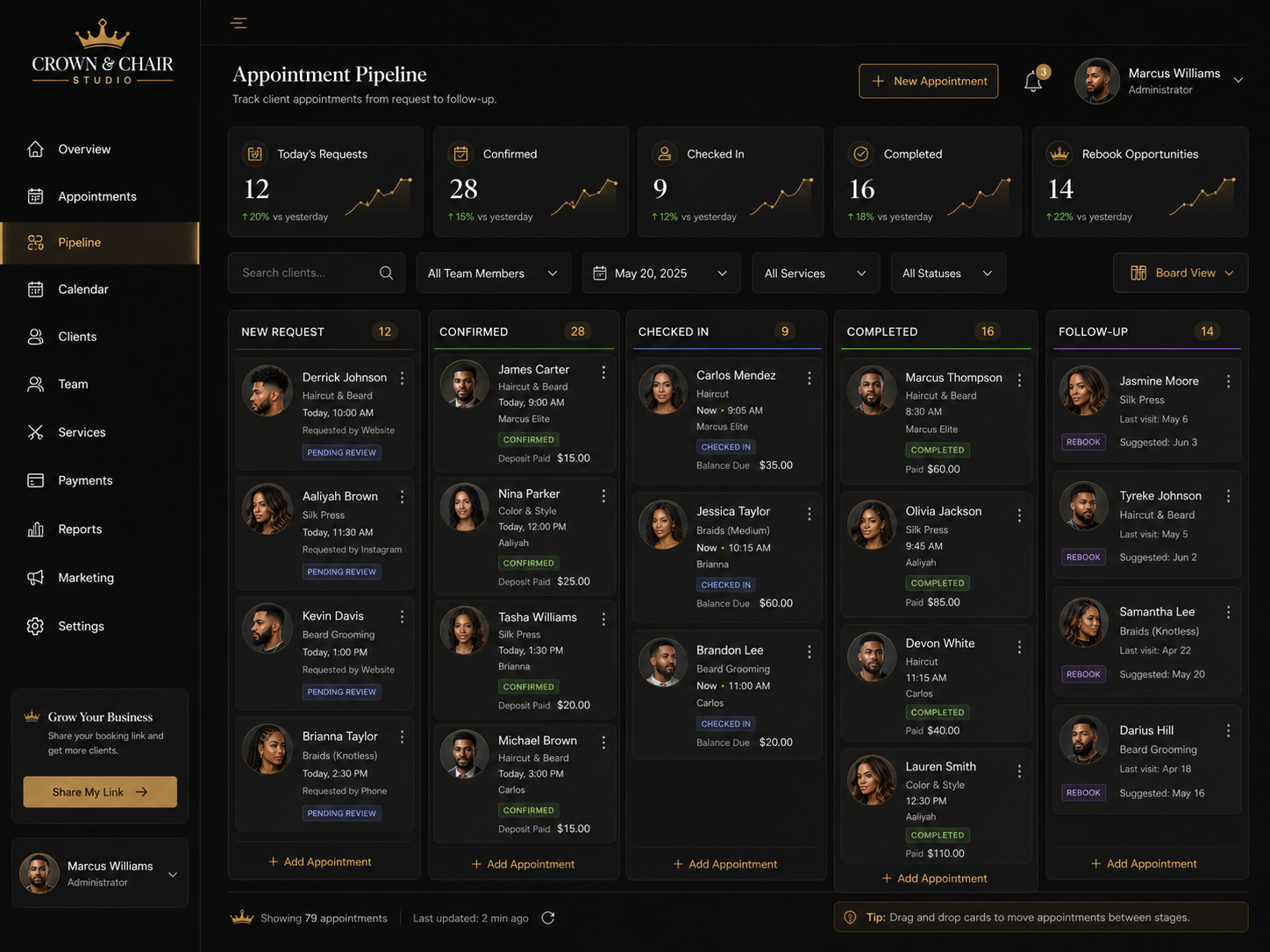 Crown & Chair Studio client profile and booking pipeline dashboard mockup
