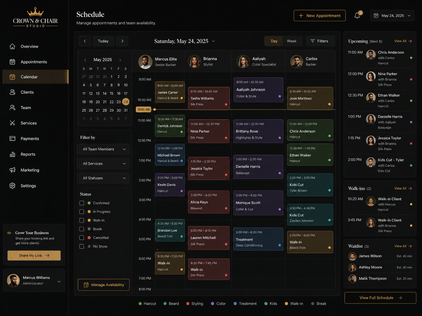Crown & Chair Studio calendar dashboard with upcoming appointments