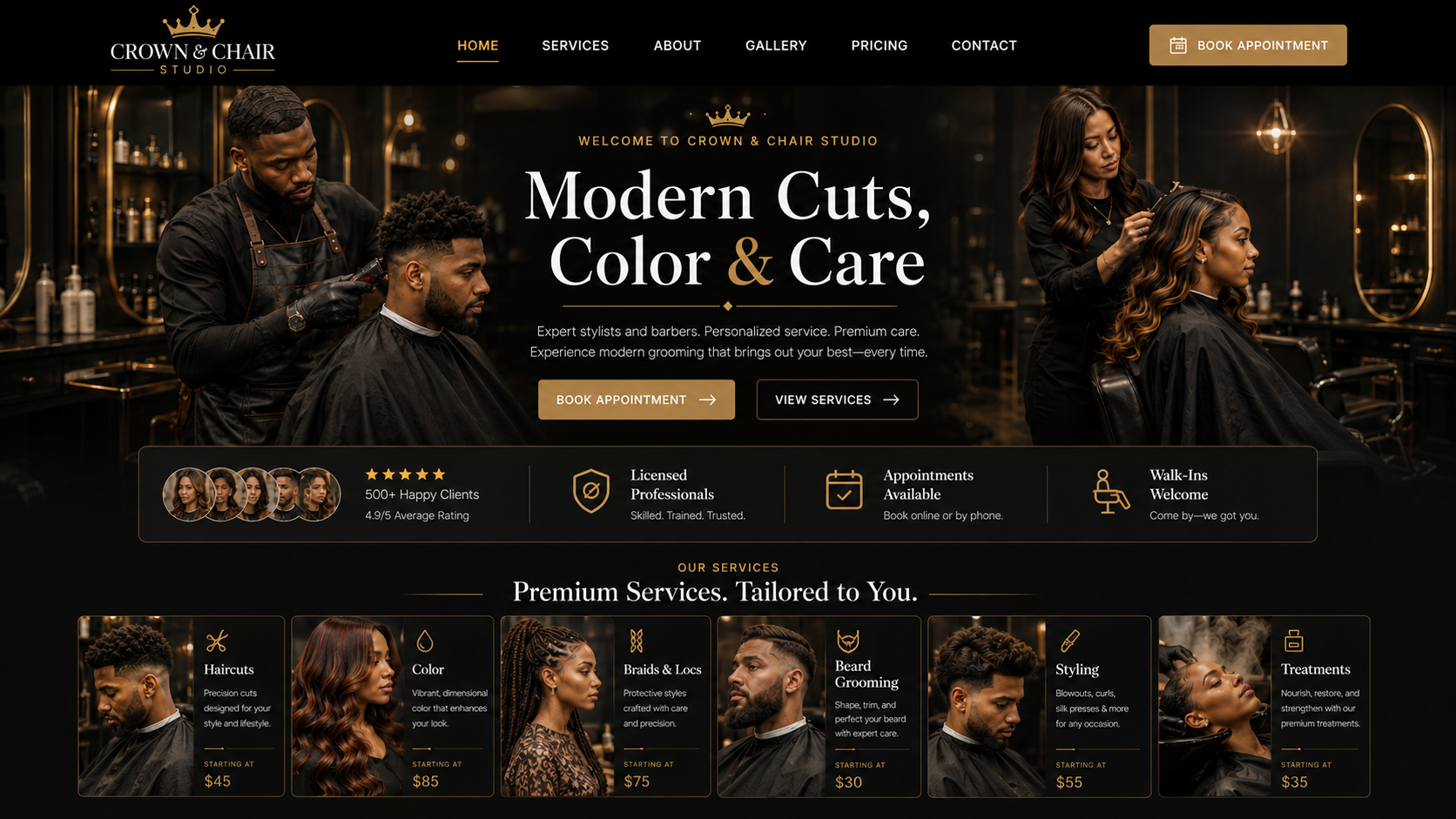 Crown & Chair Studio salon desktop homepage mockup