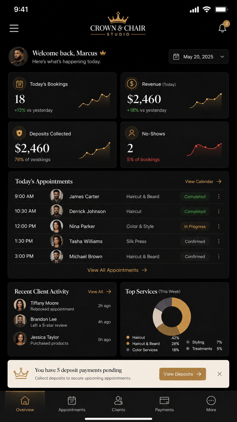 Crown & Chair Studio mobile dashboard overview for bookings revenue and client activity
