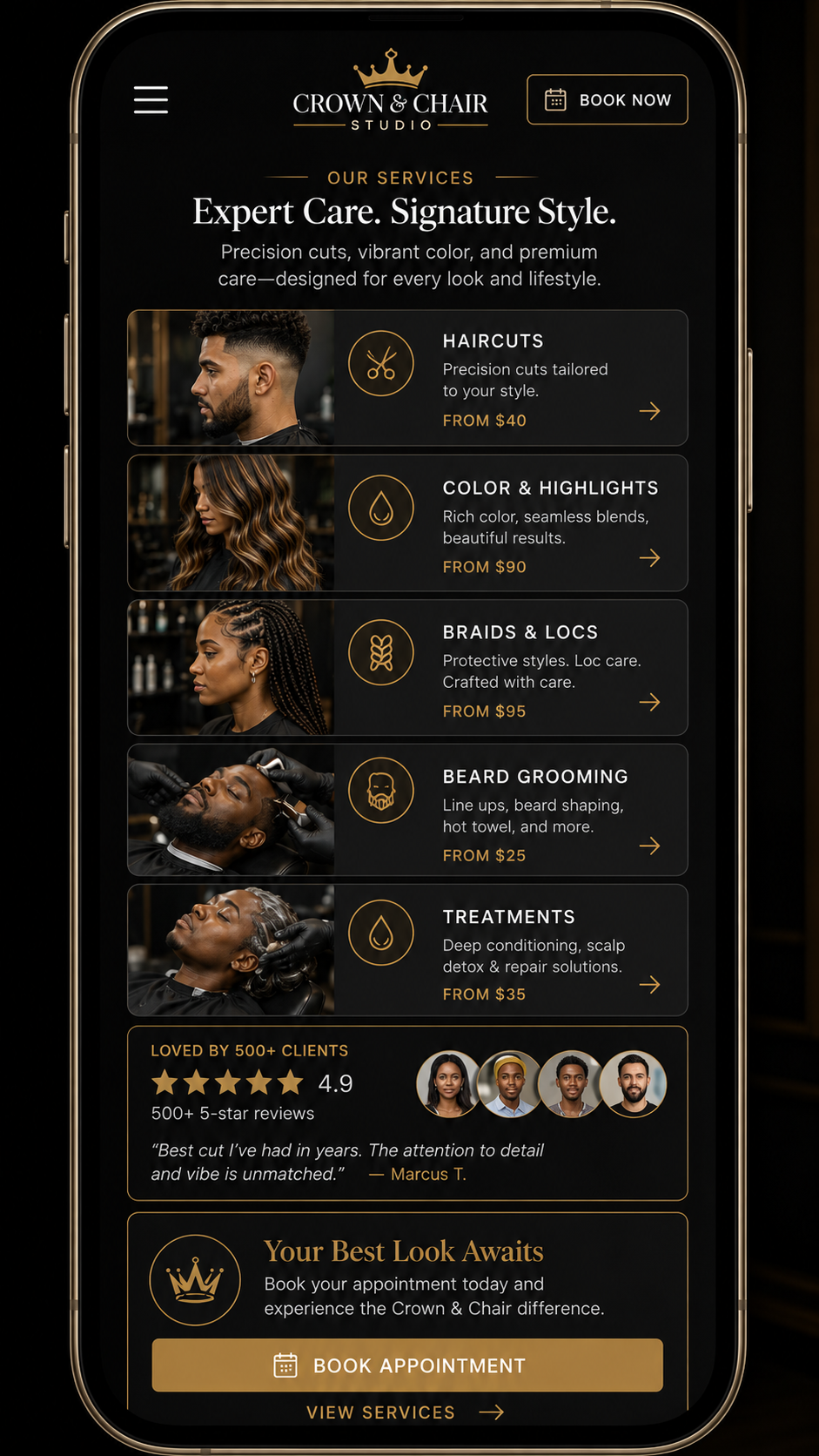 Crown & Chair Studio mobile salon website services and CTA mockup