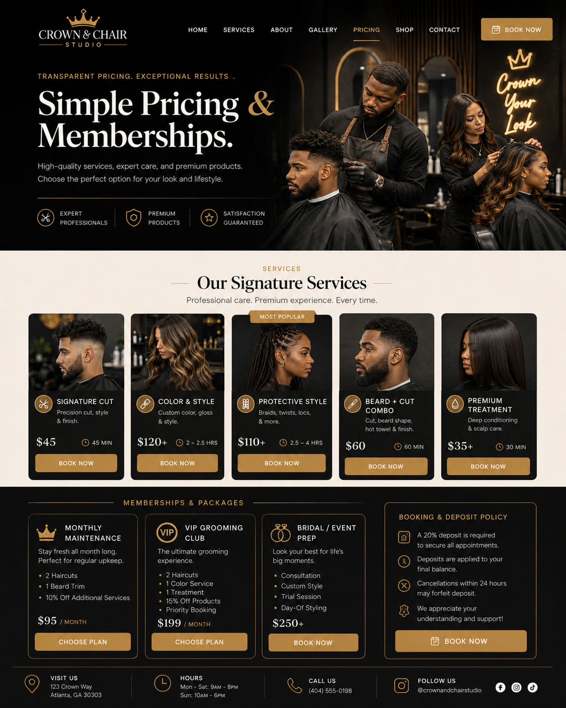 Crown & Chair Studio salon service pricing and packages mockup