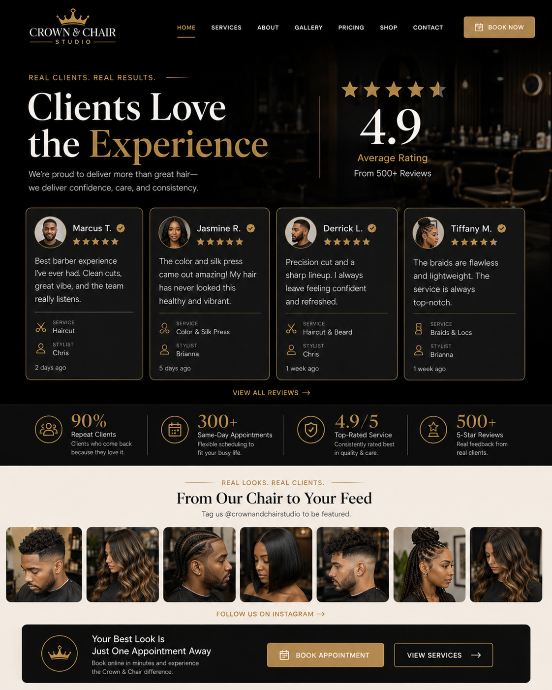 Crown & Chair Studio salon testimonials and client reviews mockup