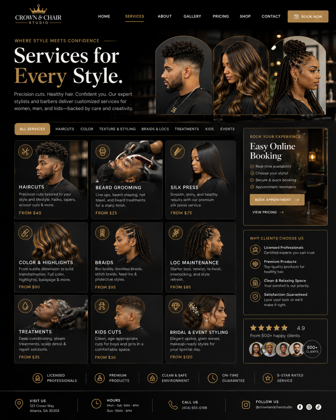 Crown and Chair Studio salon services and grooming menu mockup