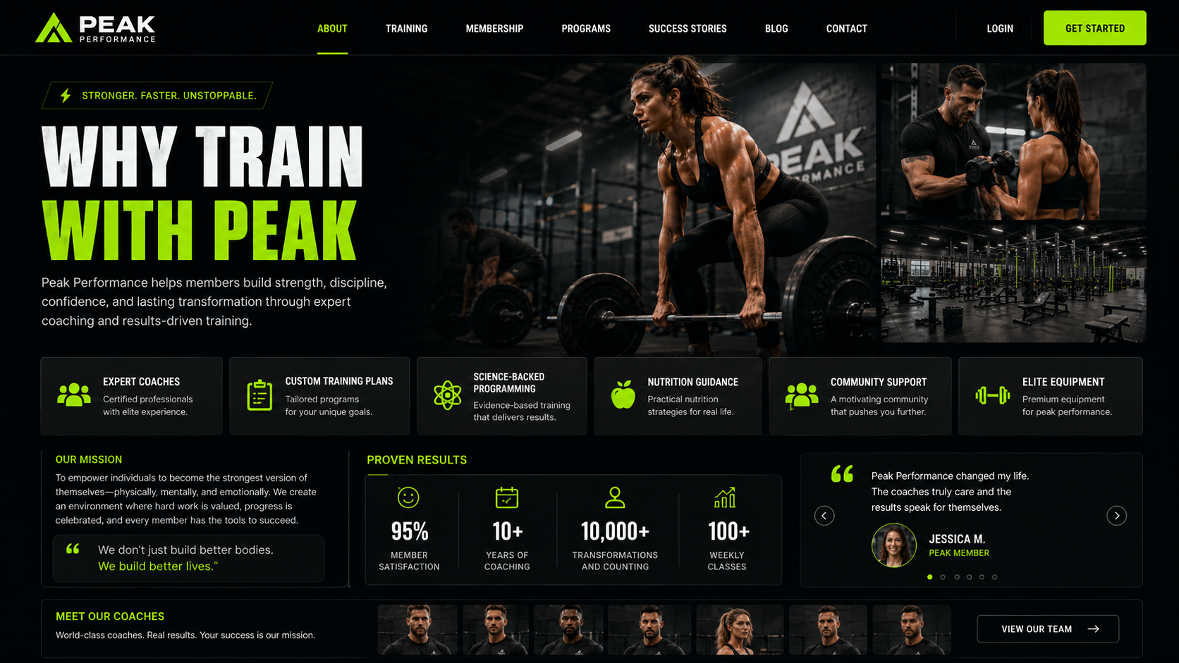 Peak Performance about and gym story section mockup
