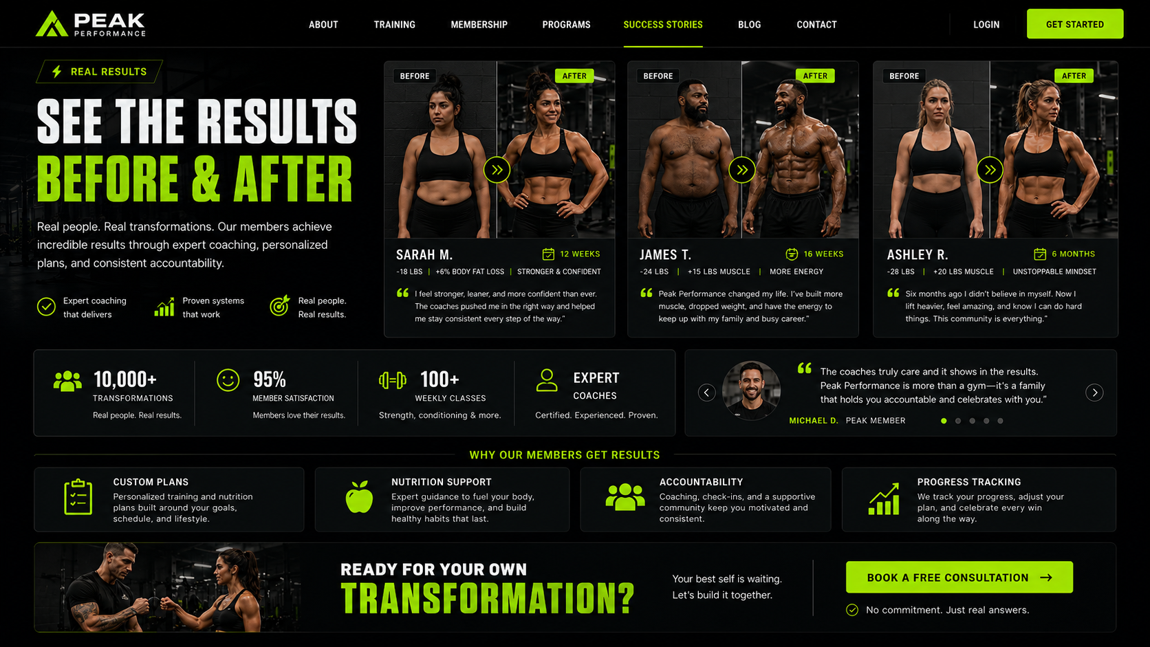 Peak Performance transformation results section mockup