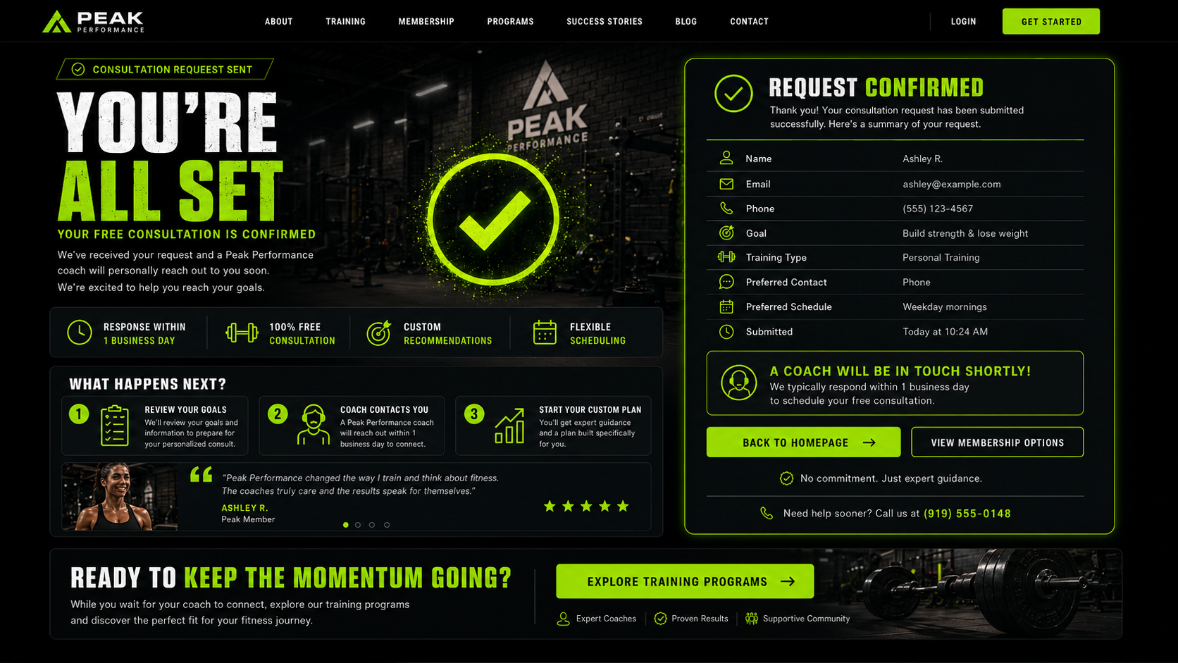 Peak Performance booking confirmation and success state mockup