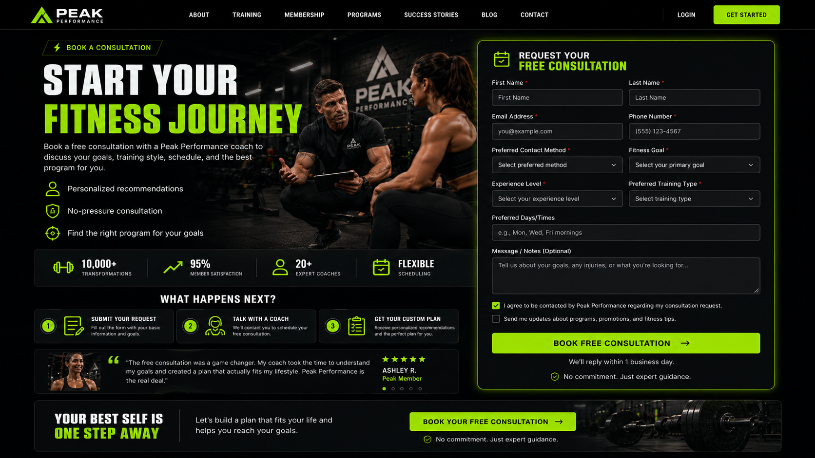 Peak Performance session booking form mockup
