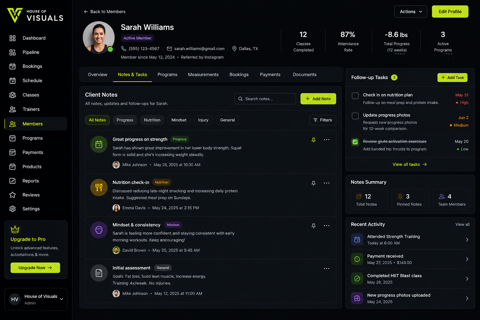 Peak Performance member notes and follow-up tasks dashboard panel