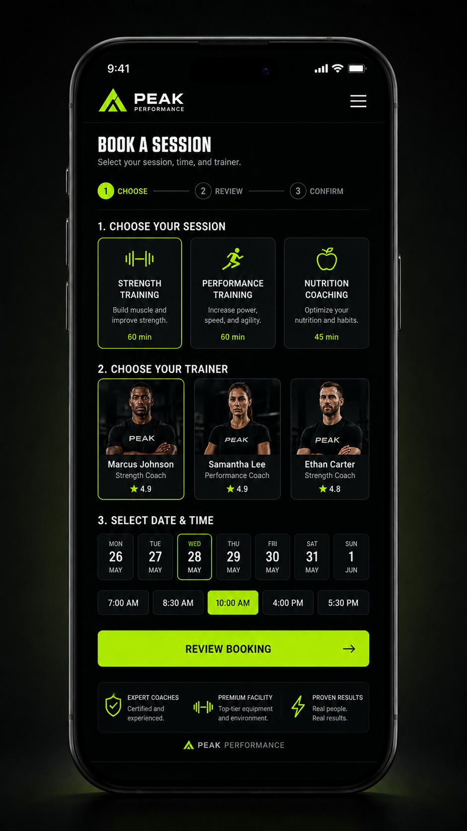 Peak Performance mobile multi-step booking flow from session selection to confirmation