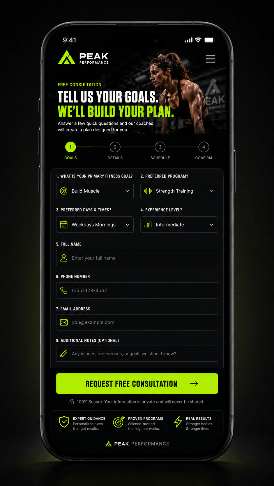 Peak Performance mobile lead form for fitness goals and session requests
