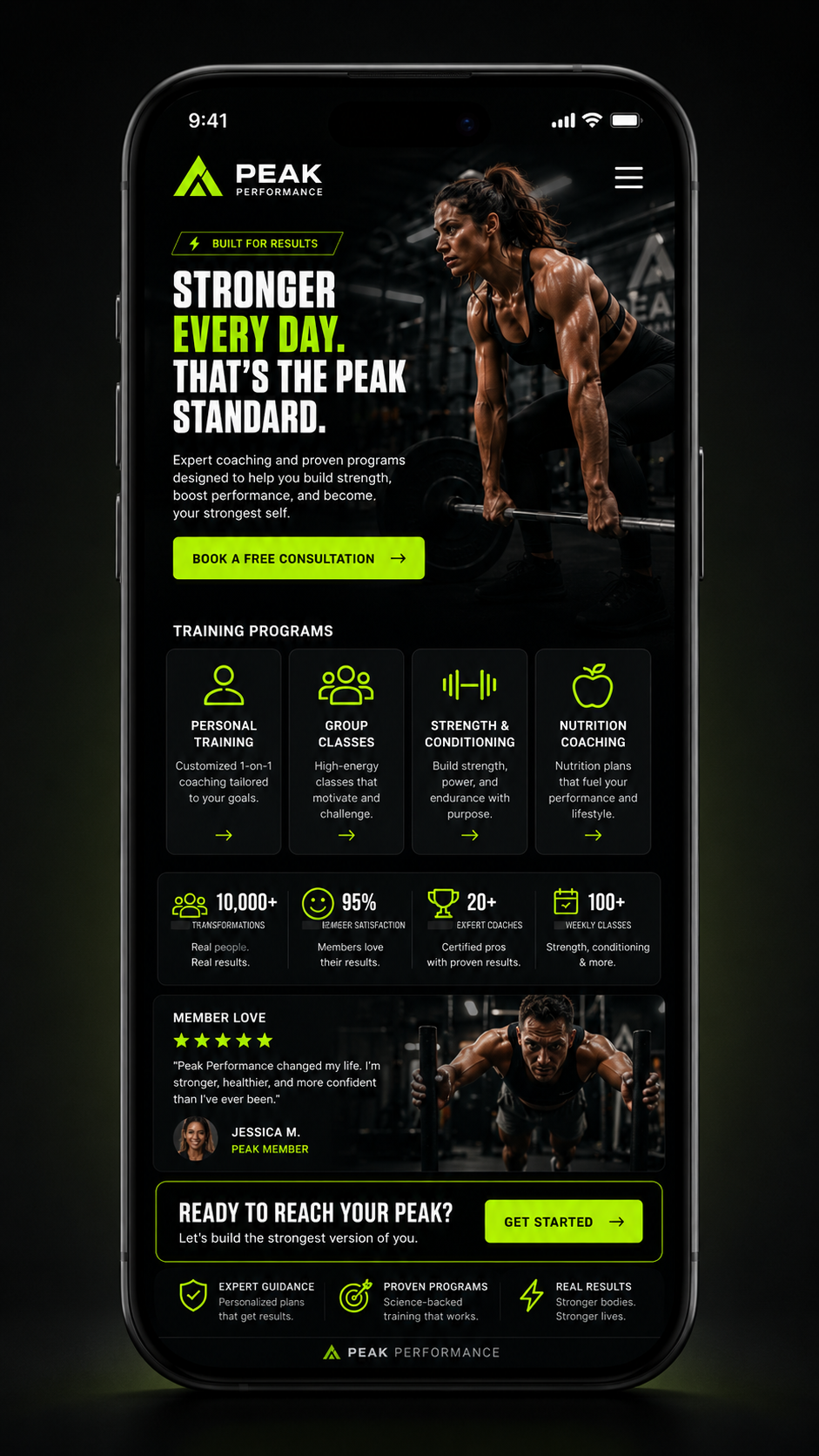 Peak Performance mobile website with programs, trust, and signup CTA