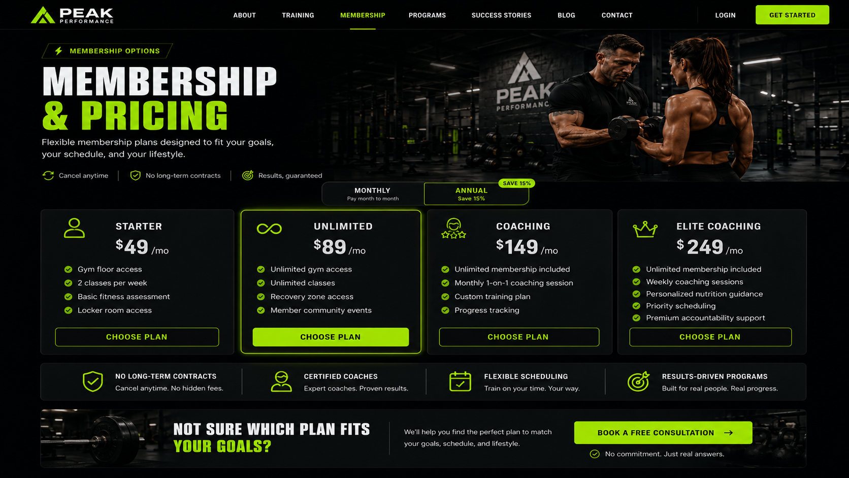 Peak Performance membership and pricing packages mockup