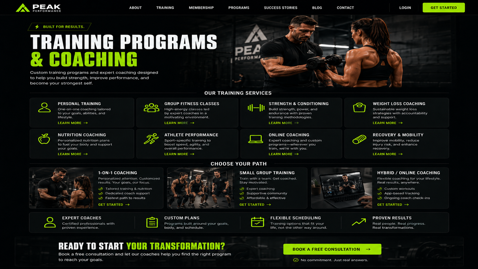 Peak Performance training programs and coaching options mockup