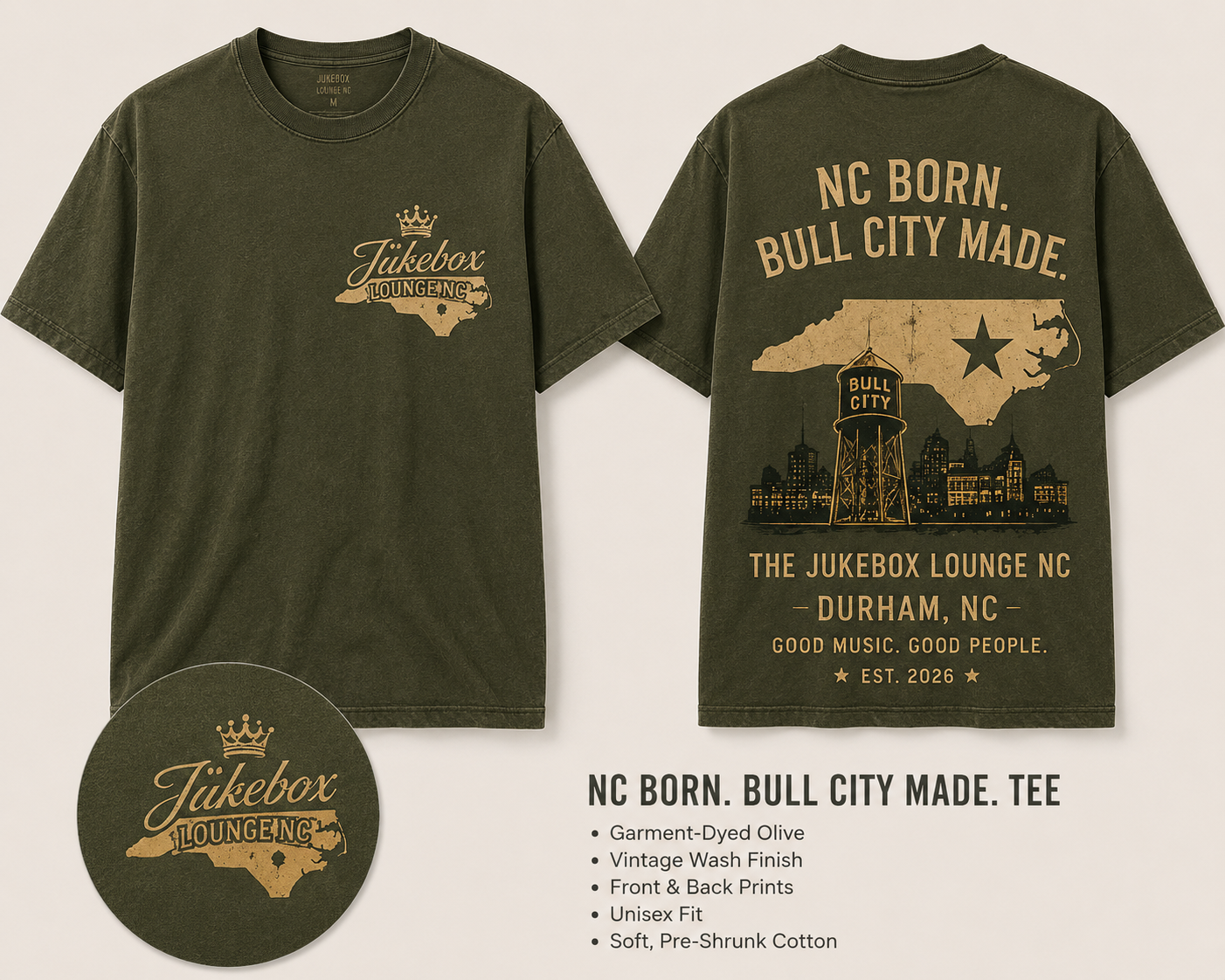 NC Born Bull City Made Jukebox Lounge tee mockup