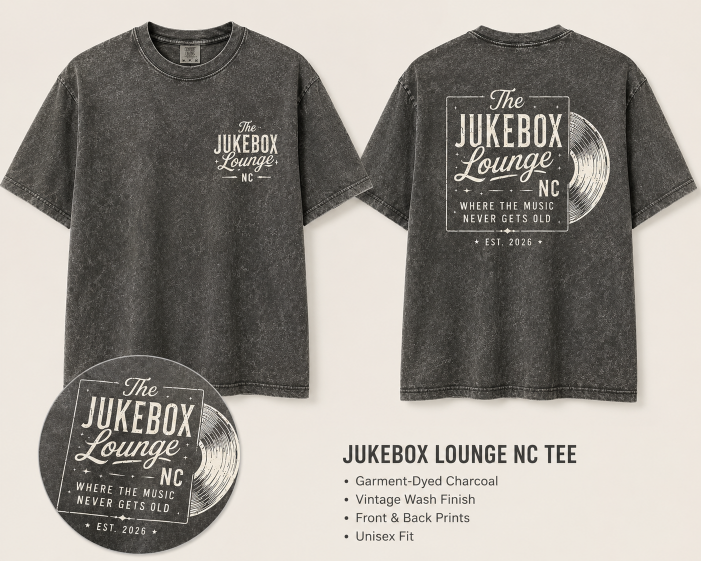 Jukebox Lounge NC charcoal record tee mockup