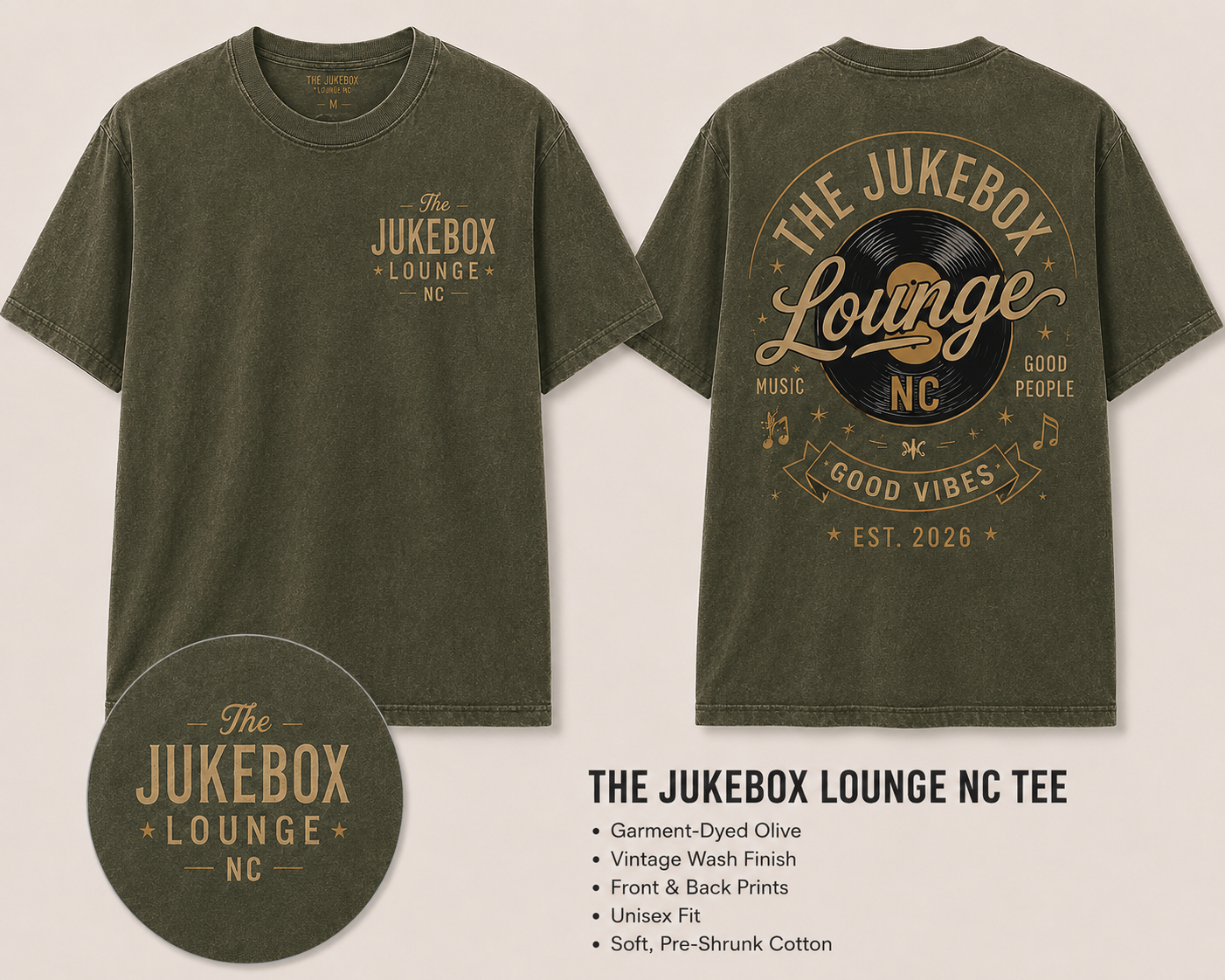 The Jukebox Lounge NC olive lounge tee mockup